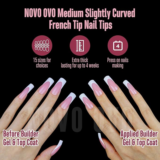 NOVO OVO Halloween Medium Slightly Curved White French Tip Nail Tips BERRY PINK Full Cover for Press on Acrylic, Extra Thick Soft Gel False Nails, Need Builder Gel Top Coat for DIY x 15 Sizes 240 pcs