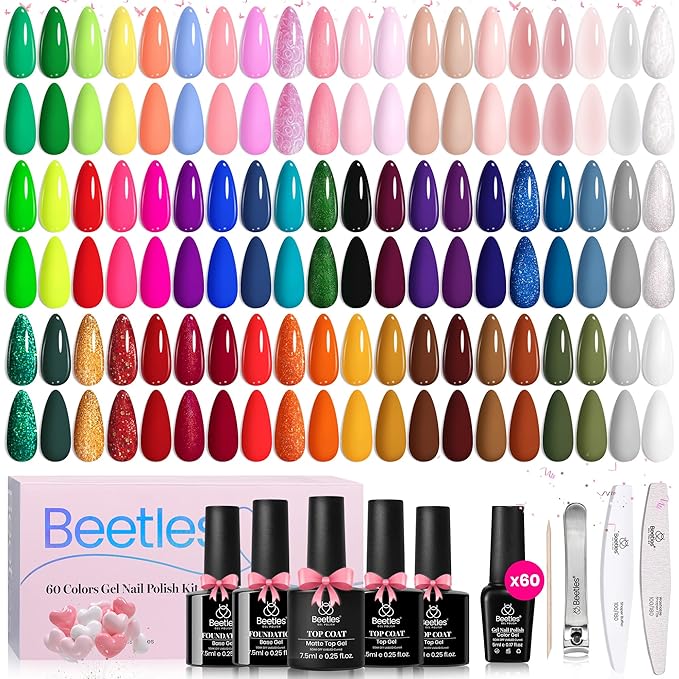 Beetles Gel Nail Polish Set - Style Manifesto 60 Colors Spring Uv Gel Polish Kit Jelly Pink Glitter Nude White Red Blue Green Base Glossy Matte Top Coat Easter Gift for Her Women