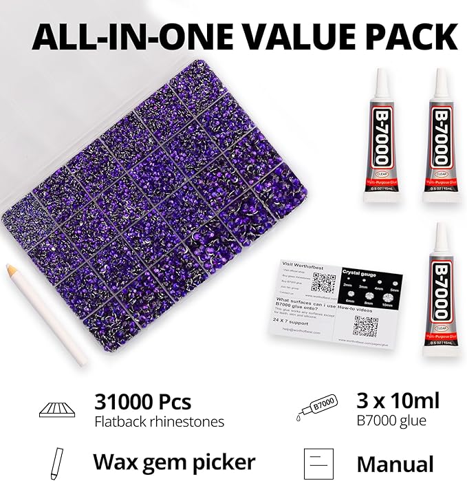 31000Pcs Purple Resin Rhinestones for Bedazzling, Flatback Gems Dark Purple Bedazzle Gemstones Stones, Flat Back Jewels Diamond Crystals Kit for Shoes Crafting Clothes 2-6mm Different Sizes b7000 Glue