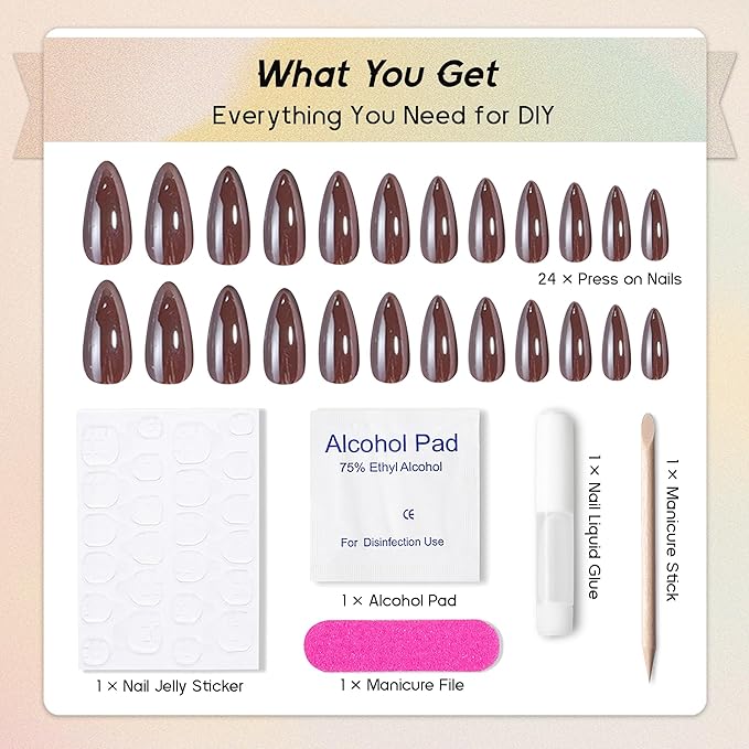 Chrome Press On Nails Almond, Glazed Chocolate Mirrored Glue on Nails Medium Press Ons, Acrylic Natural Fit Stick on Nails in 12 Sizes - 24Pcs Fake Nail Kit for Women Daily & Party Wear