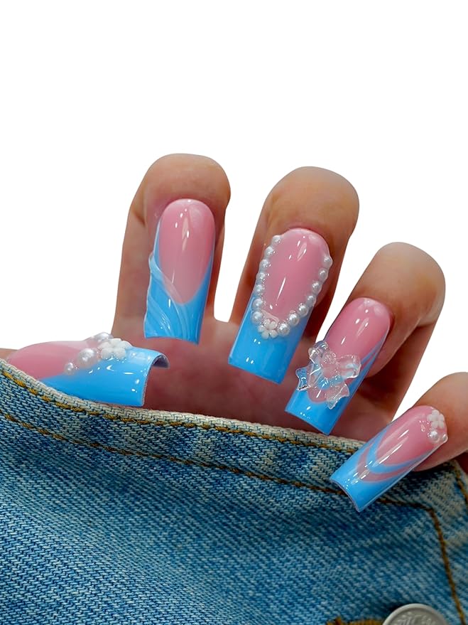 Euphrosyne Kawaii Press On Nails – 10pcs Medium Square Fake Nails in Blue and Pink with Pearls, 3D Flowers & Wavy Designs | Cute Korean Y2K Stick-On Nails for Girls and Teens