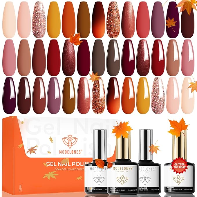 modelones 24 PCS Gel Nail Polish Kit, 20 Colors Fall Pink Brown Nude Orange Gel Polish Set with Glitter, Glossy and Matte Top Base Coat Home DIY Manicure Nail Art Design Gifts