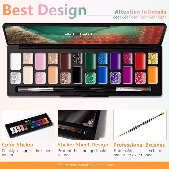 ABAC 24 Color Solid Gel Nail Polish,Ombre Gel Nail Polish,Pat Paint Nail Gel- Hema-Free No-Spill Formula w/Pro Brush Christmas NYE Party Nails,DIY Gift Set Clump-Free Shimmer