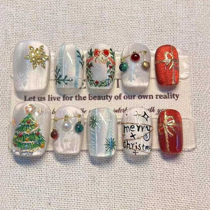 30Pcs Christmas Press on Nails Short Square Fake Nails Xmas Trees Garland False Nails with 3D Gold Snowflake Gems Gift Ball Design glitter Glue on Nails Full Cover Artificial Stick on Nail for Women