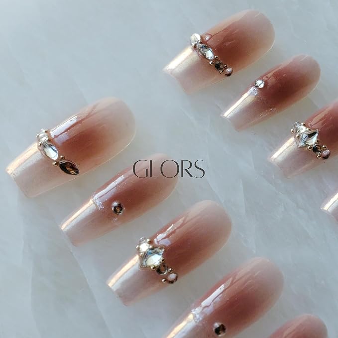 Long Ballerina Press-on Nails, Pink French Style with Rhinestones, Coffin Shape, Handmade False Nail 10 Pieces (Large,LB)
