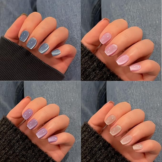 KQueenest 4 Packs Gel Press On Nails Short Square, Summer Press On Nails Cat Eye, Pastel Short Coffin Fake Nails Press Ons Chrome, Sparkle Glue On Nails for Women Small Sizes, 120 Pcs False Nails Kit