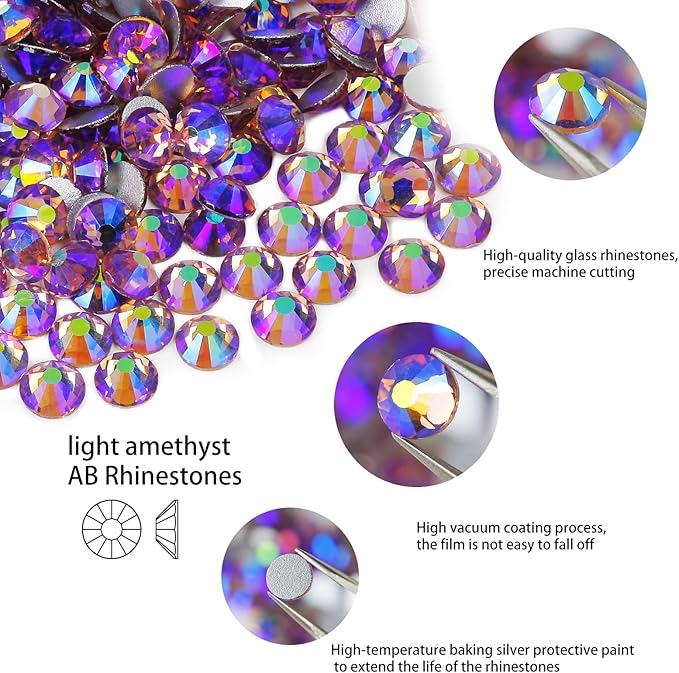 Genie Crystal Light Purple AB Rhinestones SS20, 4.8 mm Light Amethyst Aurora Borealis Flatback Glass Rhinestone for DIY Crafts, Shoes, Wedding Dreass, Tumbler, Cup, Makeup, Bling Decoration