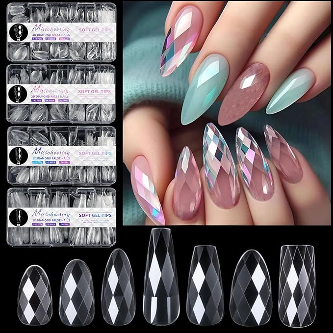 3D Diamond Shaped Polygel Nail, Extension Clear Full Cover False Nail Tips, Hybrid Gel Acrylic Nail, Diamond Fake Nails, 14 Sizes Building Artificial Press on Nail (style 5, 120pcs)