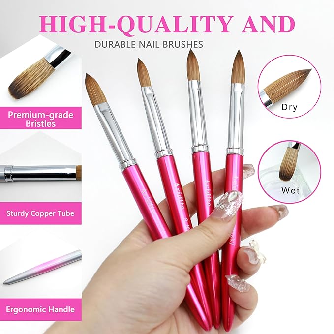 100% Kolinsky Hair Acrylic Nail Brush for Acrylic Powder- Flat Shape Rose red Handle With Cap Professional Manicure Pedicure (#8)
