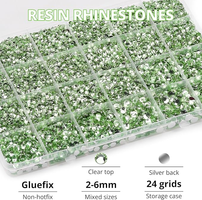 31000Pcs Light Green Resin Rhinestones for Bedazzling, 2-6mm Mixed Sizes Sage Green Rhinestones, Bedazzled Flatback Gems Jewels Diamonds Gemstones Stones Crystals for Crafting Clothes Crafts