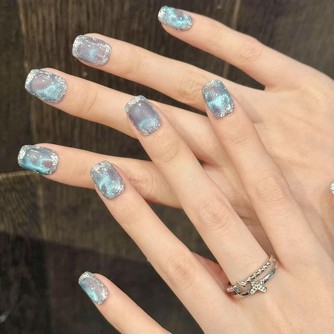 Short Square Press on Nails - Handmade Manicure Art Reusable False Nails 10pcs with Solid Nail Glue, Nail Adhesive Tabs, Strong Nail Glue (151-Short)