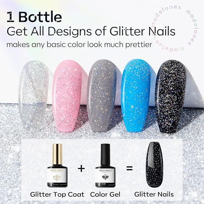 modelones Glitter Gel Top Coat, Reflective Iridescent Silver Mix Glitter Sparkle Clear Gel Polish No Wipe Glossy Confetti Sparkly Long Lasting Rainbow Shimmer Soak Off Nail Art Manicure Gift