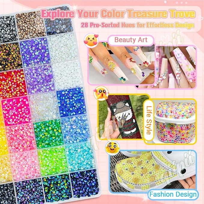 28 Color 4mm Jelly Resin Rhinestones w B7000 Glue for Bedazzling Crafting Flatback Stones Colorful AB Gems Diamonds Bedaazler Kit Charms for Nails Eyes Face Makeup Tumblers Bottles Crafts Shoes
