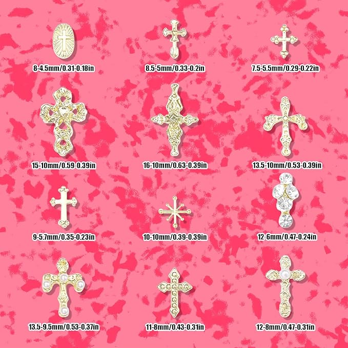 3D Cross Nail Charms for Nail Art, 60 Pcs Metal Crystal Cross Nail Decorations, Alloy Nail Studs and Rhinestones for Women Girl DIY Jewelry Crafts Supplies (Gold C)