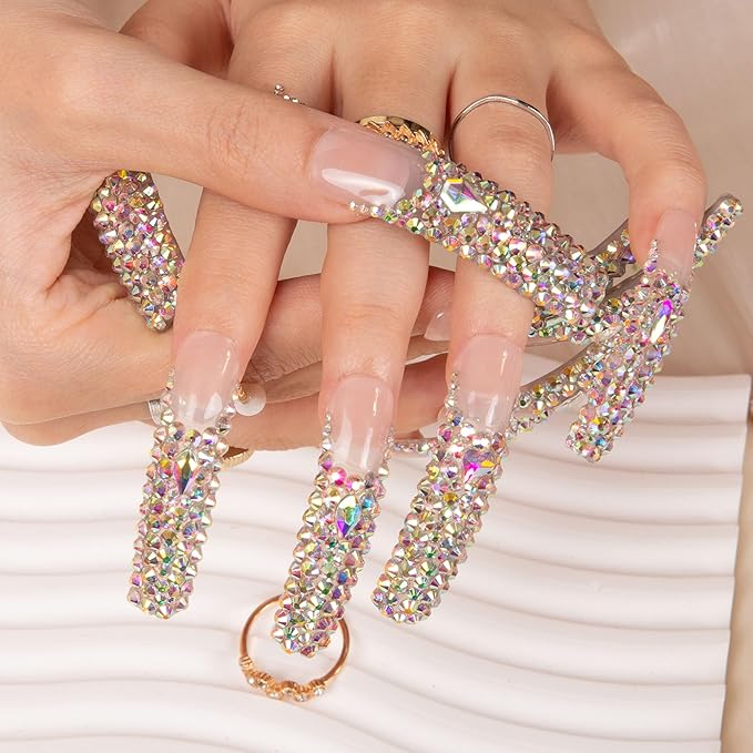 LOVFUL Press on Nails Angel's Tear Rhinestone | Handmade with Full Covered Crystals | Reusable Full Cover Nails | Curve Long 2.2 in | H48-S