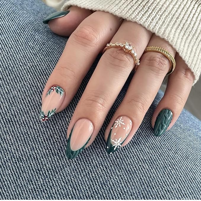 Press On Nails Almond Christmas, French Tip Press on Nails Short, Glue On Nails for Women Gift, Supremely Fit Natural Reusable Stick On Nails in 12 Sizes -24 Fake Nails Kit, French Dark Green