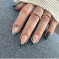 Press On Nails Almond Christmas, French Tip Press on Nails Short, Glue On Nails for Women Gift, Supremely Fit Natural Reusable Stick On Nails in 12 Sizes -24 Fake Nails Kit, French Dark Green