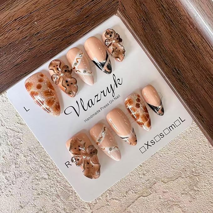 3D Handmade Press On Nails,Brown French Tip Medium Almond Fake Nails with Rhinestone Flowers, Reusable Luxury Winter Nail Art, Salon-Quality Acrylic Nails for Women