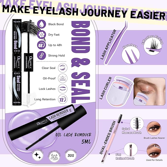 DIY Lash Extension Kit Natural Bottom Lashes 980Pcs Individual Eyelash Extension Kit with Lash Bond&Seal Remover Tweezer Dual-Ended Brush Lash Curler Easy to Use for Beginners