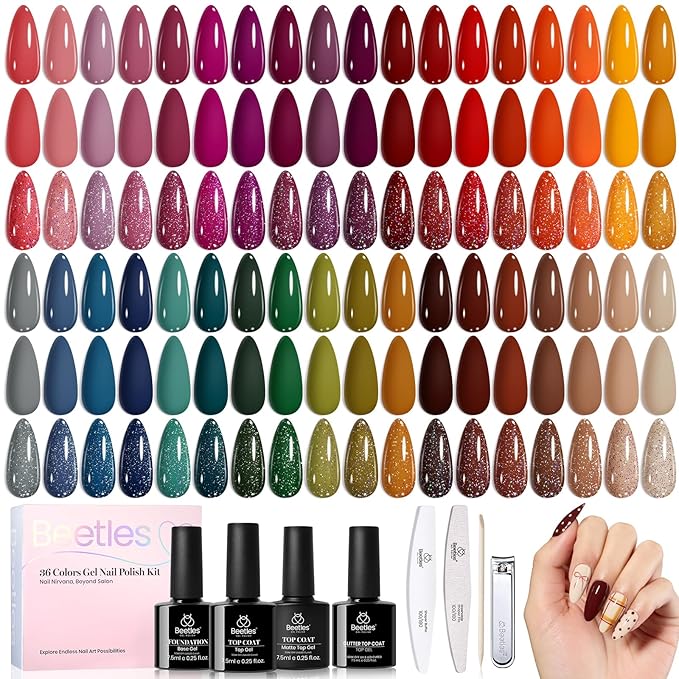 beetles Gel Polish Set - Waltz of Leaves Collection, 36 Trendy Colors Spring & Valentines Purple Green Colors Gel Polish Set With Base and Glossy Matte Glitter Top Coat Soak Off UV Led Holiday Nails