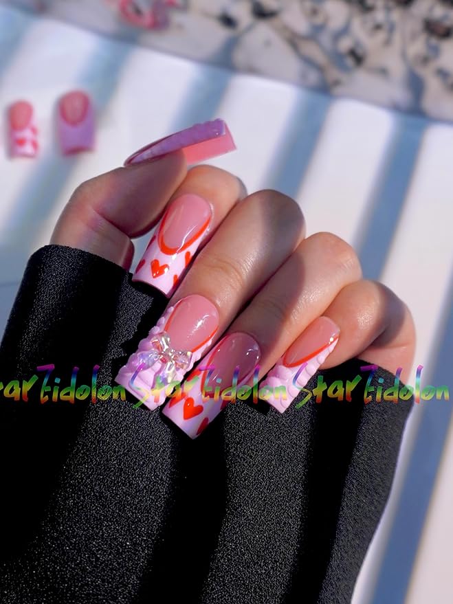 HAND-PAINTED White Press Ons Neon Small Press on Nails Long French Press on Nails Coffin Medium Short Nail art Fake Nail Art Kit with 7g Glue on Nails Handmade Almond Square Nails (TJ56, Large)