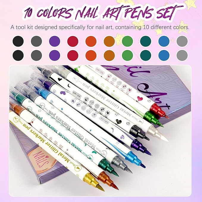 10 Color Nail Art Pens, Double-ended Nail Polish Pens Drawing Painting Point Liner Acrylic Painted Pen Kit, DIY Nails Art Design Manicure Tools Christmas Gifts 2026 Upgrade (2 Set)