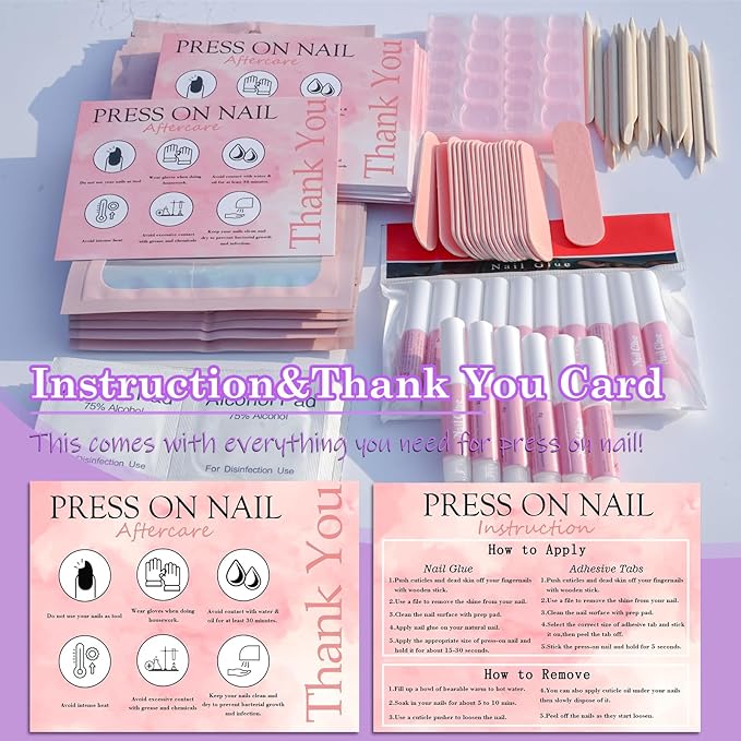 Disposable Nail Supplies Kits,Professional Manicure Press On Nail Tool Kit with Nail File,Adhesive Tabs,Nail Glue,Sticks, Prep Pads,Bags,Cards for Nail Business (140pcs20set-pink)