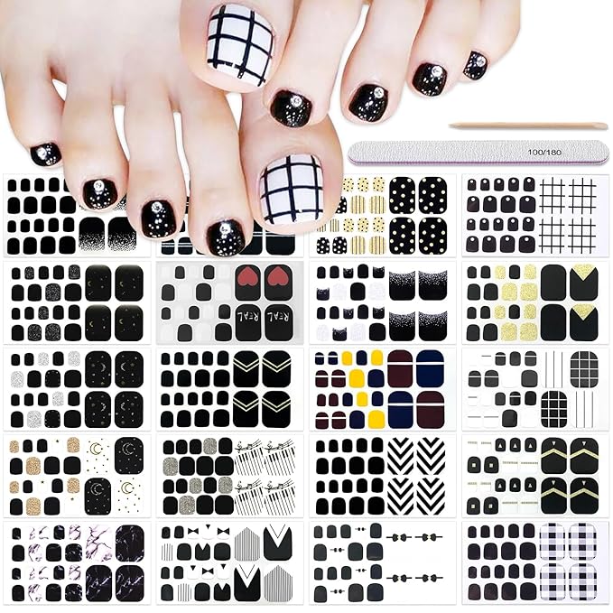DANNEASY 20 Sheets Toe Nail Stickers Full Nail Wraps - Black, Toenails Polish Strips Self Adhesive Toenail Polish Stickers Gel Strips Manicure Sticker Nails for Women with File, Cuticle Stick