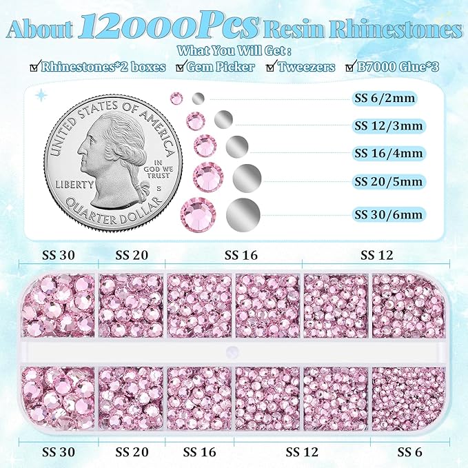 12000Pcs Resin Rhinestones for Bedazzling with 3Pcs B7000 Jewelry Glue, 2 Boxes Light Pink Flatback Rhinestones for Crafting Crafts DIY, Crystals Gems for Clothing Shoes Tumblers Nail Art Makeup