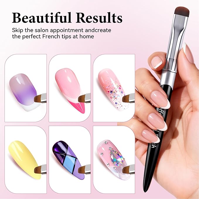 French Brush for Nails & Gel Polish Clean Up, Dual-Use Metal Handle Nail Art Brush with Cap for French Tips, Acrylic, Polygel | Professional Manicure Tool (Black)