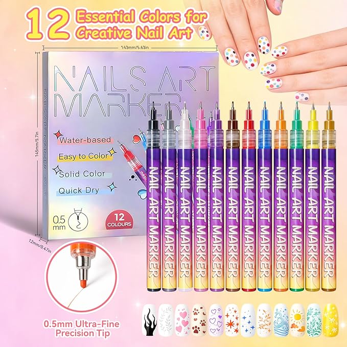 12 Colors Nail Art Pens Kit, 0.5mm Precision Nail Art Markers, Quick-Dry Waterproof Nail Polish Pens for DIY Manicure, Drawing & Creative Nail Art Designs
