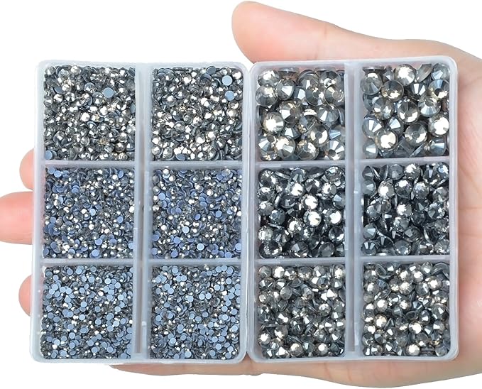 10000Pcs 2-Boxes Mixed Size Hot Fix Round Crystals Gems Glass Stones Hotfix Flat Back Rhinestones with Tweezers and Picking Pencil (Black Diamond)