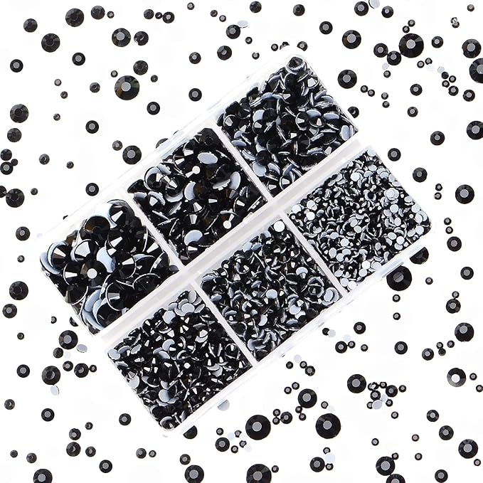 4000pcs Mixed Size Hot Fix Round Crystals Gems Glass Stones Hotfix Flat Back Rhinestones (Jet Black)