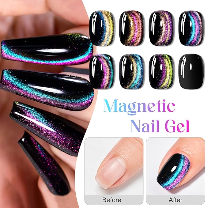 Rainbow Magnetic Gel Nail Polish - Super Bright Cat Eye Nail Art Dopamine Series 7 Color Set with Pure Black Gel and Magnet, Fashion Salon Cat Eye Art Design, Shiny Glossy Brilliant Women's Nail Tool