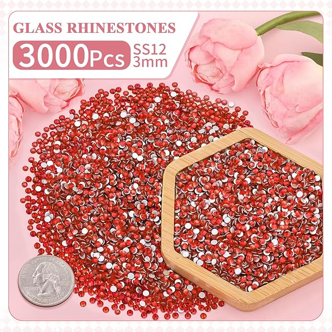 3000PCS SS12/3mm Crystal Rhinestones (Light Red/Light Siam) with 2Pcs 10ml B7000 Jewelry Glue, Bedazzling Flatback Glass Rhinestones for Crafting, Gems Diomand for Tumbler Shoes Clothing Nail Art