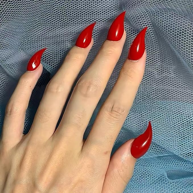 Luxury Press on Nails Medium Stiletto Handmade Eagle Claw Reusable ABS Material Red Curved Fake Nails Dragon Claw Solid Colour Design Cat Claw Unique Glossy Glue on Nail Thick Acrylic Nails(S)