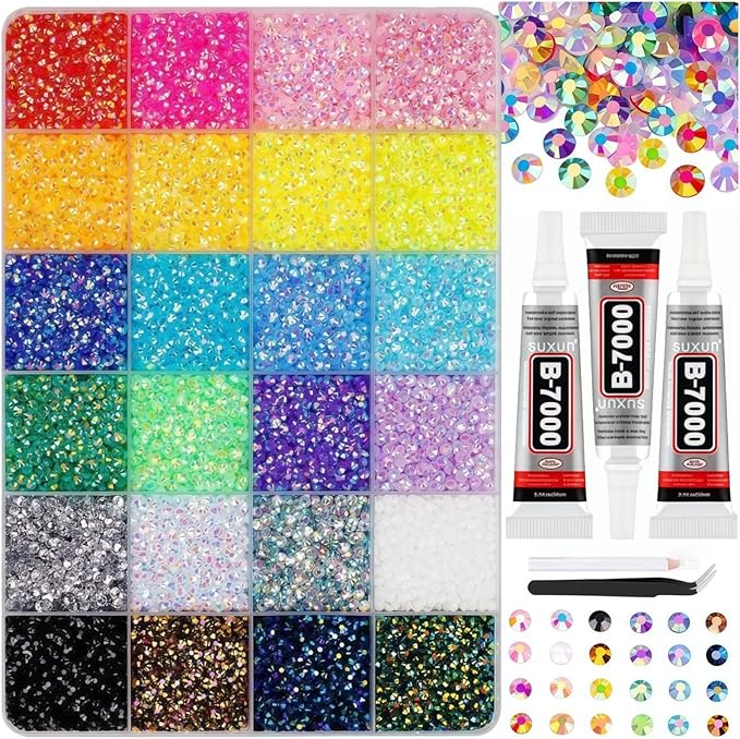 40000 Pcs Jelly Rhinestones for Bedazzling & Nail Art - 3mm Multicolor Flatback Gems, Includes B7000 Glue, Tweezers & Pen - DIY Bedazzler Kit for Diamond Art, Jewelry Making, Crafts (24000 pcs)