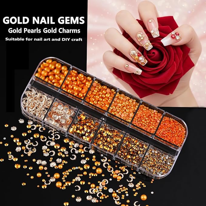 8 Boxes Nail Charms Set, with Gold Nail Charms and Gold Nail Gems, Nail Pearls Resin Rhinestones for Bedazzling &Nail Art Tools, 3D Cross Nail Charms Heart Gold Charms for Nails Art Supplies Kit