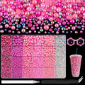14000Pcs Flatback Pearls and Rhinestones for Crafting, Hot Pink Light Pink Mixed Size 3-8mm Resin Rhinestones and Half Pearls for Bedazzling, Nail Art with Tweezers and Pickup Pencil
