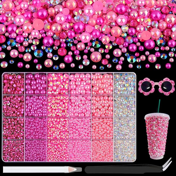 14000Pcs Flatback Pearls and Rhinestones for Crafting, Hot Pink Light Pink Mixed Size 3-8mm Resin Rhinestones and Half Pearls for Bedazzling, Nail Art with Tweezers and Pickup Pencil