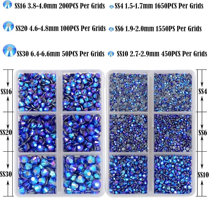 NCB Hotfix Iron on 8000pcs Crystal Rhinestones Round Gem for Crafts Decoration DIY Jewelry Making with a Tweezers and 2 Picking pens (Sapphire AB, 6Sizes SS4-SS30)