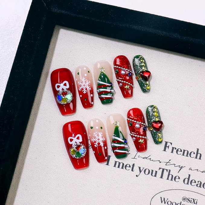 10Pcs Christmas Coffin Press on Nails Handmade Fake Nails with 3D Love Rhinestone Pearl Design Red Green Christmas False Nails Handmade Acrylic Nails Press ons Christmas Tree Nail for Women (S)