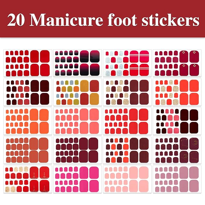 WOKOTO 20 Sheets 440pcs Red Nail Polish Stickers for Toes Nails Full Nail Wraps for Women, Classic Solid Nail Polish Strips Red Nail Gel Strips for Toenails Press On Nails Stickers Kit