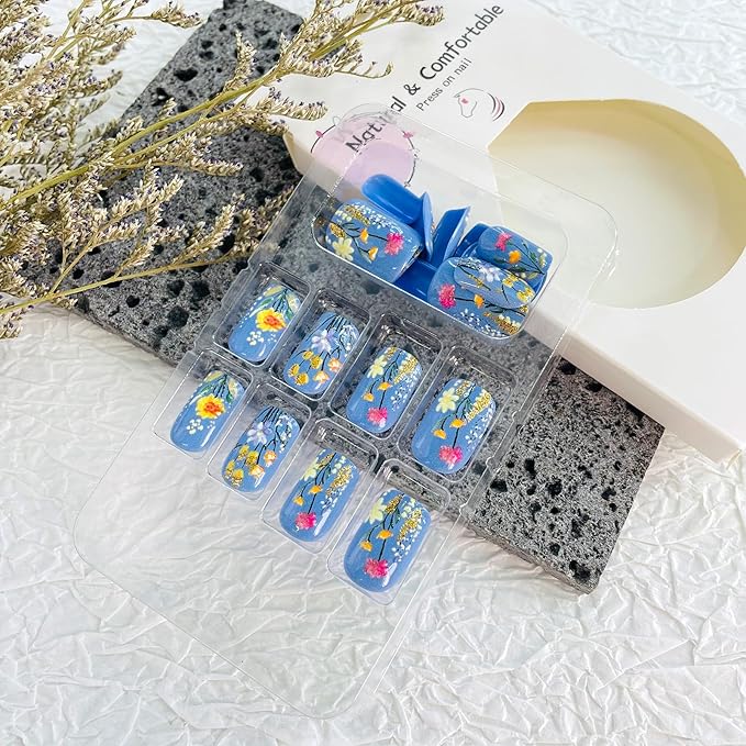 Short Press on Nails Square Fake Nails with 3D Flower Designs Colorful Glue on Nails Gold Glitter Acrylic Nails Spring Summer False Nails Glossy Full Cover Stick on Nails for Women Girls 24Pcs
