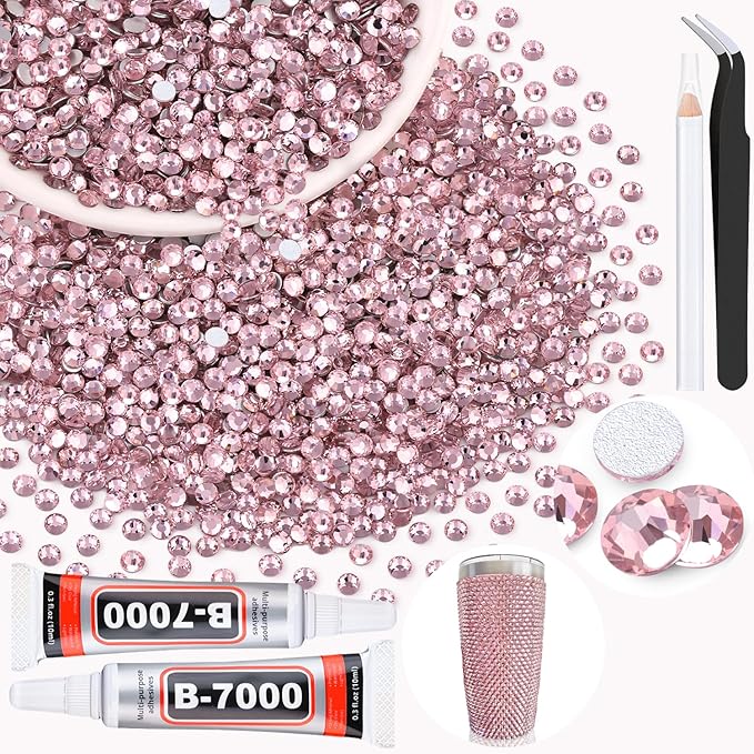 2500PCS SS10/2.8mm Crystal Rhinestones (Light Pink) with 2Pcs 10ml B7000 Jewelry Glue, Bedazzling Flatback Glass Rhinestones for Crafting, Gems Diomand Charms for Tumbler Shoes Clothing Mugs Nail Art