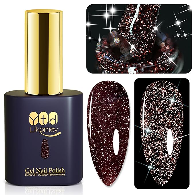 YTD Likomey Reflective Glitter Gel Nail Polish,15ml Brown Flash Diamond Shimmer Nails Gel,Chocolate Glitter Sparkly Shiny Salon Home Fall Winter Manicure UV Color Varnish,SZ014