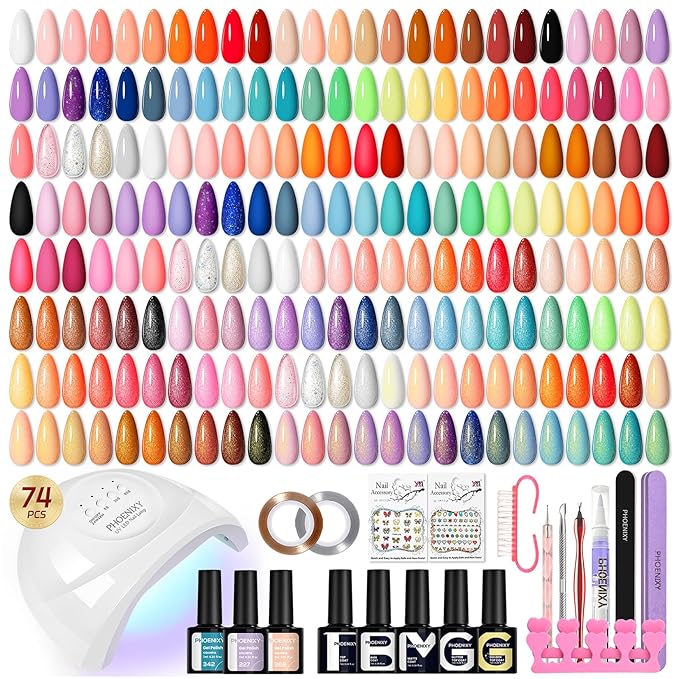 phoenixy Gel Nail Polish Kit with U V Light 74 Pcs Gel Nail Kit 55 Colors Nail Polish Set Complete Nail Set with Base Coat & 4 Effects Top Coat Manicure Tools Christmas Gift for Women