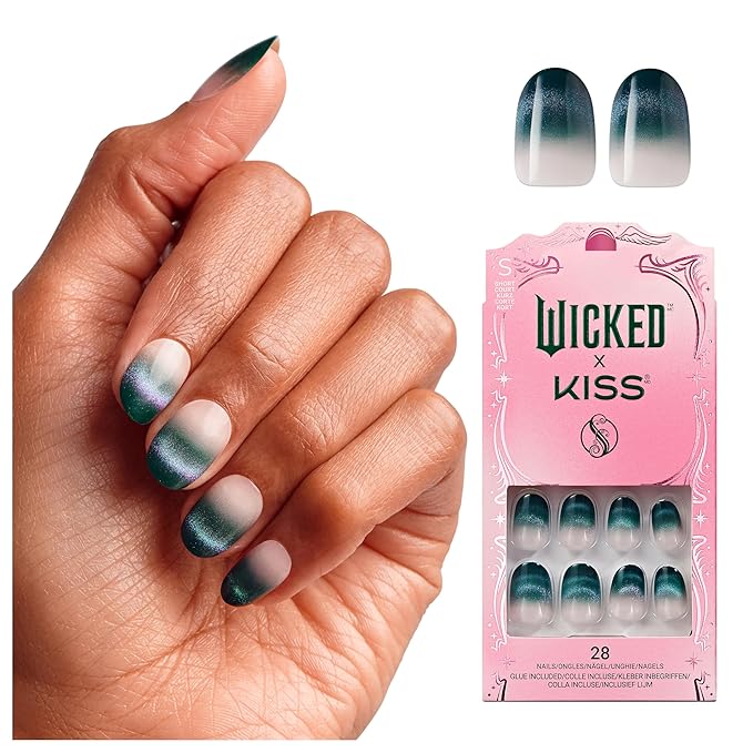 WICKED X KISS Press On Nails, ‘Don't Hide Your Magic’, Green, Short Oval, Waterproof, Chip Proof, Smudge Proof, 28 Fake Nails, Pink Gel Nail Glue (2g), Mini Nail File, & Manicure Stick