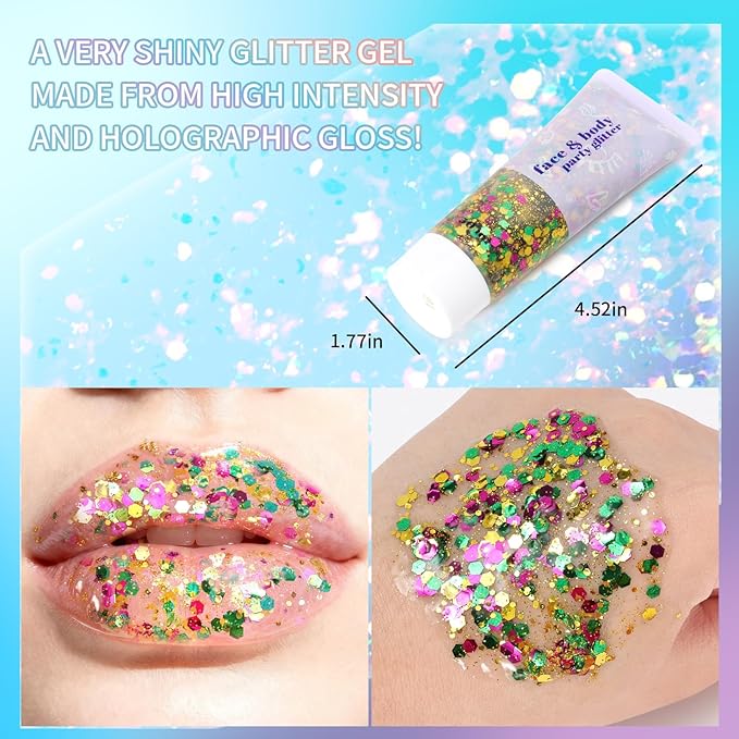 DAGEDA Mardi Gras Body Glitter Gel, Green Gold Purple Face Hair Glitter Carnival Accessories, Chunky Glitters for Mardi Gras Outfit Accessories,Laser Powder Hair Sparkles Festival Sequins Makeup