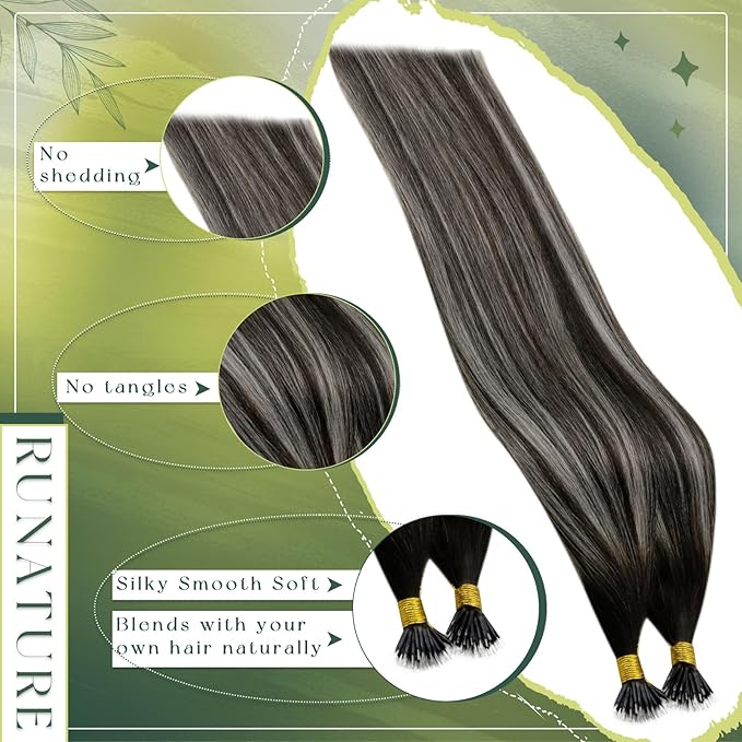 RUNATURE Silver Balayage Nano Hair Extensions Human Hair Black, Medium-Length Hair, Add Hair Volume for Women, Cold Fusion, Can Be Curled, Nano Tip Hair Extensions Full Ends, Easy to Maintain